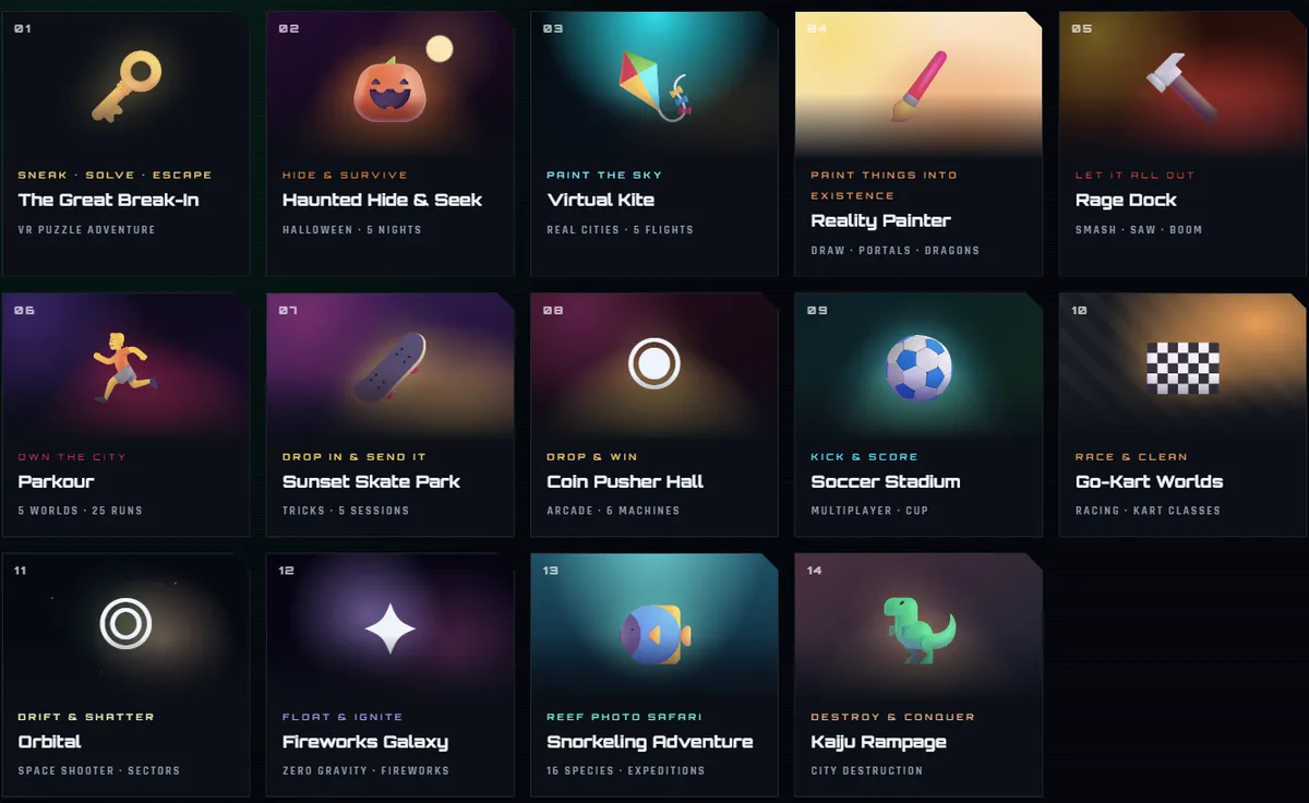 Overview of 14 free WebXR games on 1VR.nl, from The Great Break-In to Kaiju Rampage