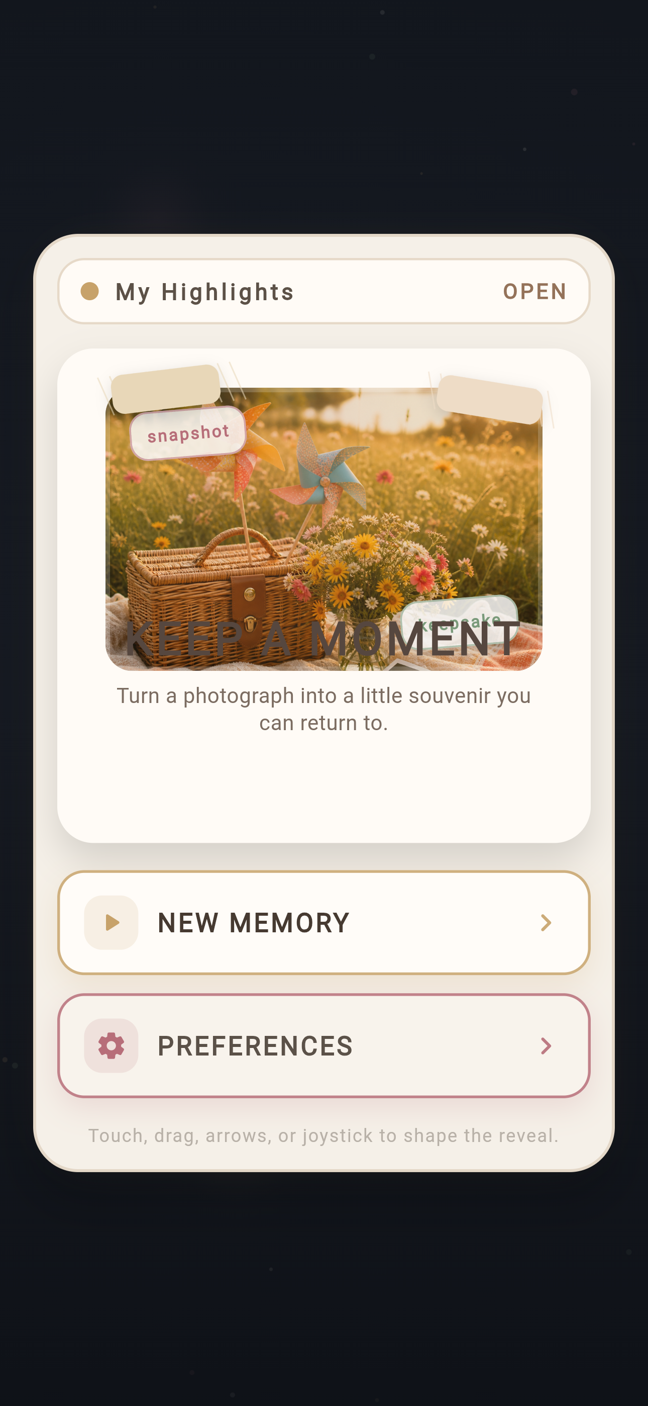 MyHighlights app start screen